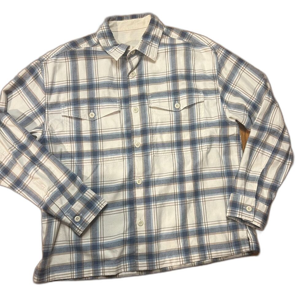 American Eagle Midweight Blue Tan Plaid Flannel Shirt Men's M western work-flaw